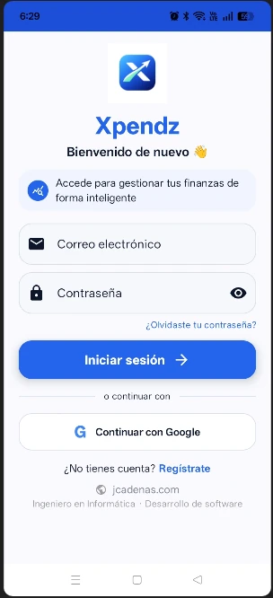 Pantalla inicial al abrir la aplicación Xpendz