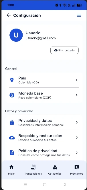 Pantalla de configuración dentro de Xpendz