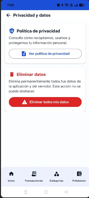 Sección Privacidad y datos en Xpendz