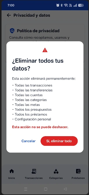 Opción Eliminar cuenta seleccionada en Xpendz