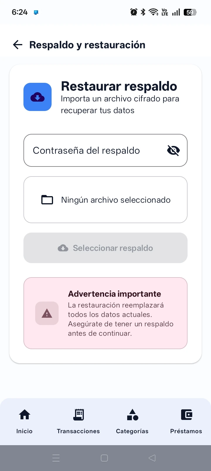 Pantalla relacionada con continuidad y resguardo de información en Xpendz