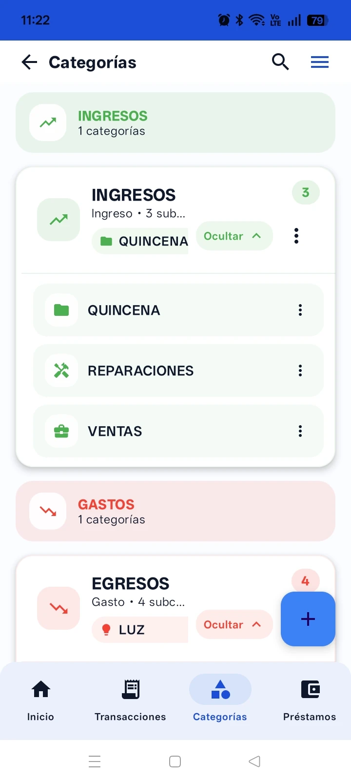 Pantalla de transacciones categorizadas dentro de Xpendz