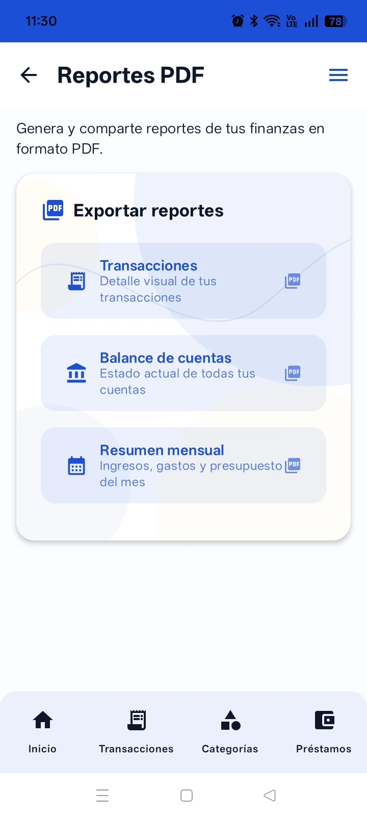 Vista de reportes y resumen financiero en Xpendz