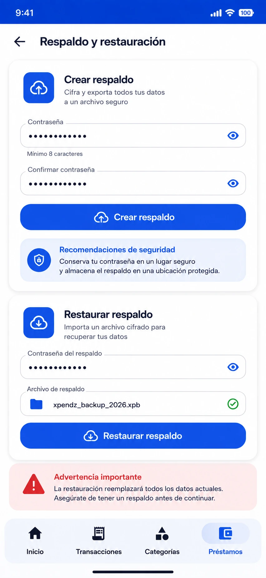 Seguridad y respaldos en Xpendz