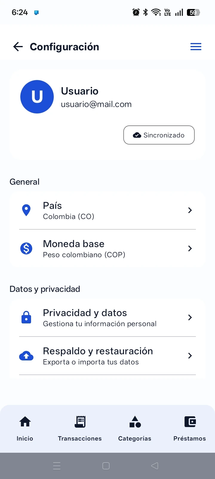 Pantalla relacionada con sincronización y continuidad de datos en Xpendz